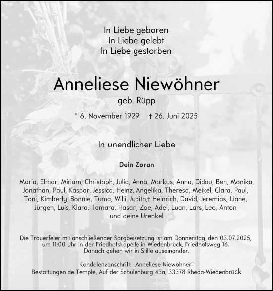 Traueranzeige von Anneliese Niewöhner von Die Glocke