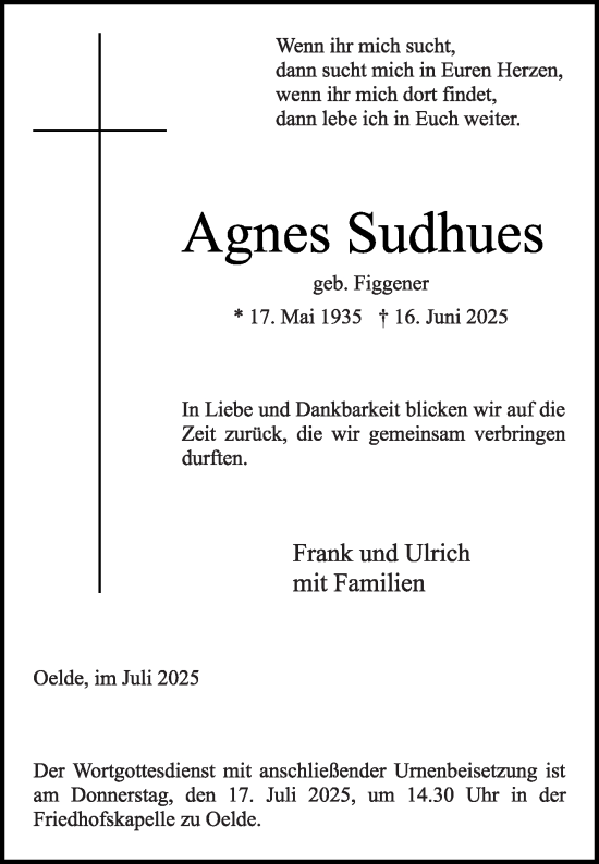 Traueranzeige von Agnes Sudhues von Die Glocke