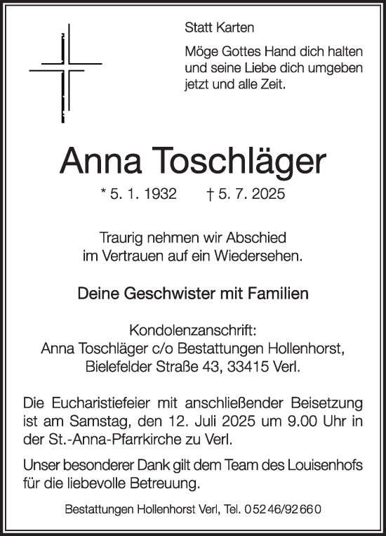 Traueranzeige von Anna Toschläger von Die Glocke
