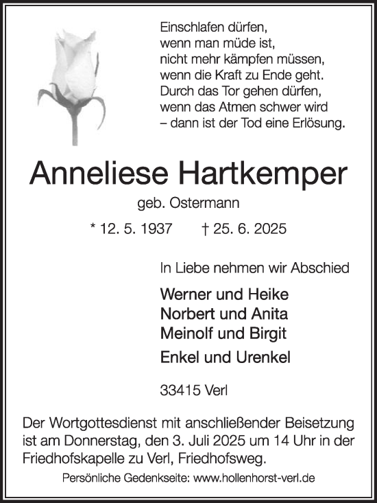 Traueranzeige von Anneliese Hartkemper von Die Glocke