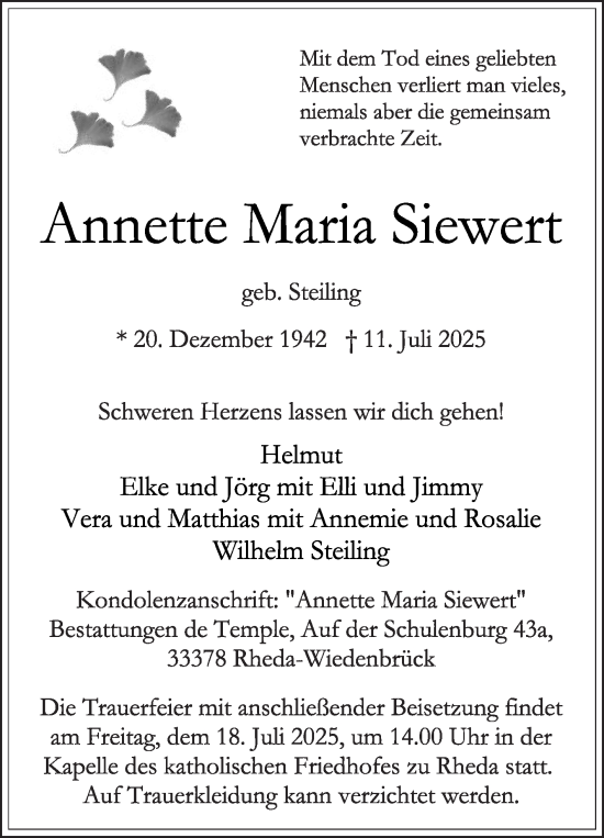 Traueranzeige von Annette Maria Siewert von Die Glocke