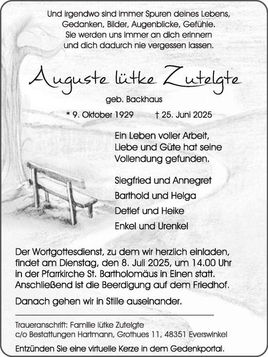 Traueranzeige von Auguste Lütke Zutelgte von Die Glocke