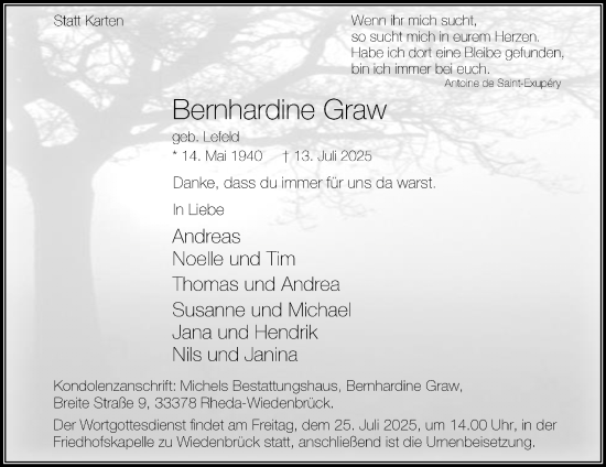 Traueranzeige von Bernhardine Graw von Die Glocke