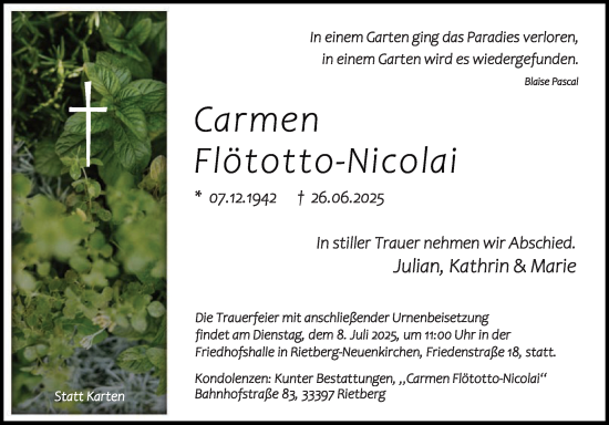 Traueranzeige von Carmen Flötotto-Nicolai von Die Glocke