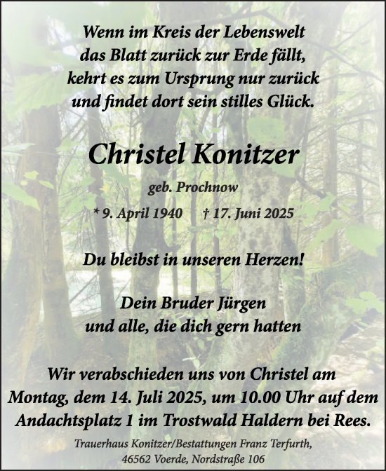 Traueranzeige von Christel Konitzer von Die Glocke