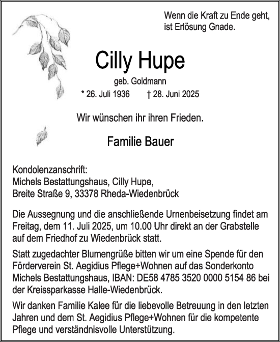 Traueranzeige von Cilly Hupe von Die Glocke
