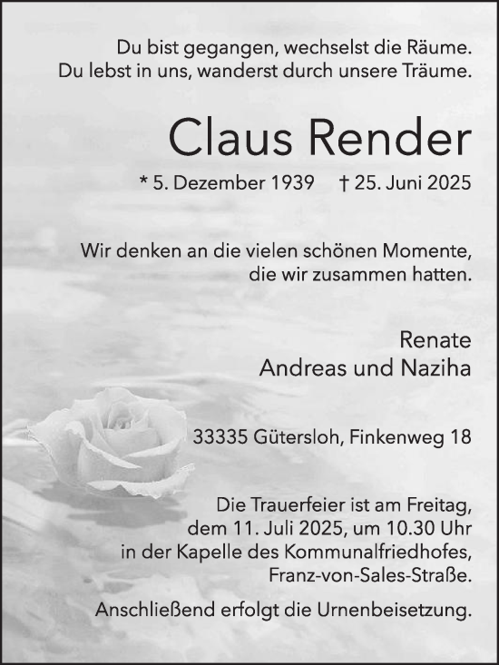 Traueranzeige von Claus Render von Die Glocke