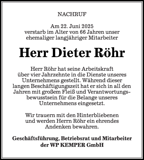 Traueranzeige von Dieter Röhr von Die Glocke