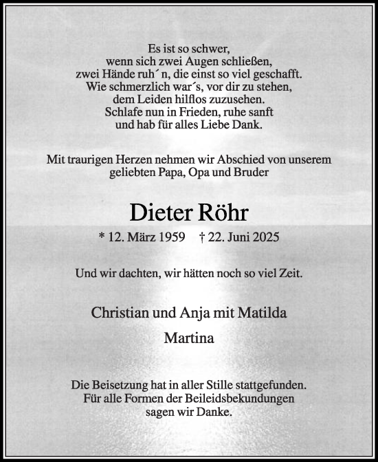 Traueranzeige von Dieter Röhr von Die Glocke