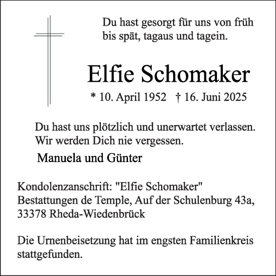 Traueranzeige von Elfie Schomaker von Die Glocke