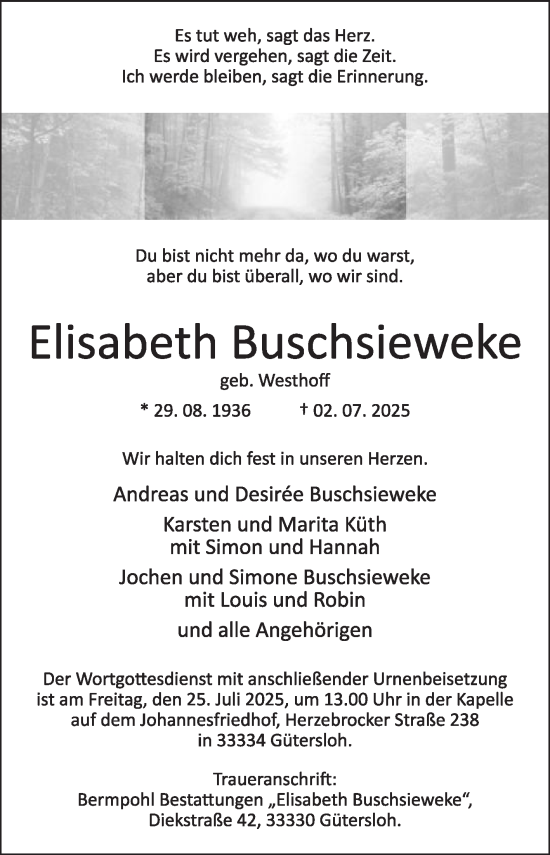 Traueranzeige von Elisabeth Buschsieweke von Die Glocke