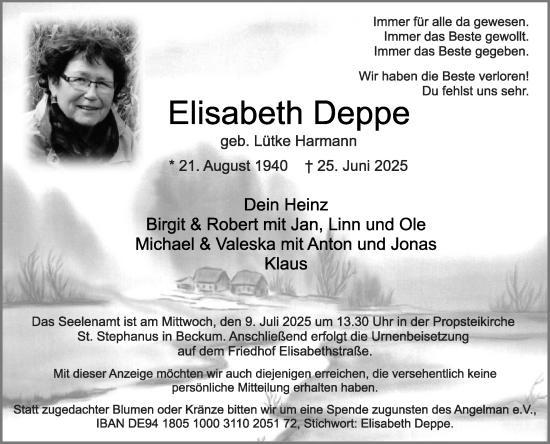 Traueranzeige von Elisabeth Deppe von Die Glocke