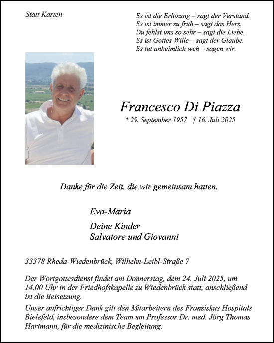 Traueranzeige von Francesco Di Piazza von Die Glocke