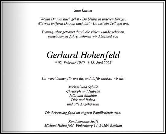 Traueranzeige von Gerhard Hohenfeld von Die Glocke