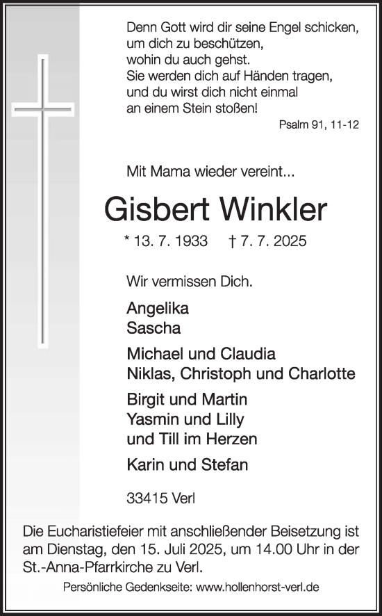 Traueranzeige von Gisbert Winkler von Die Glocke