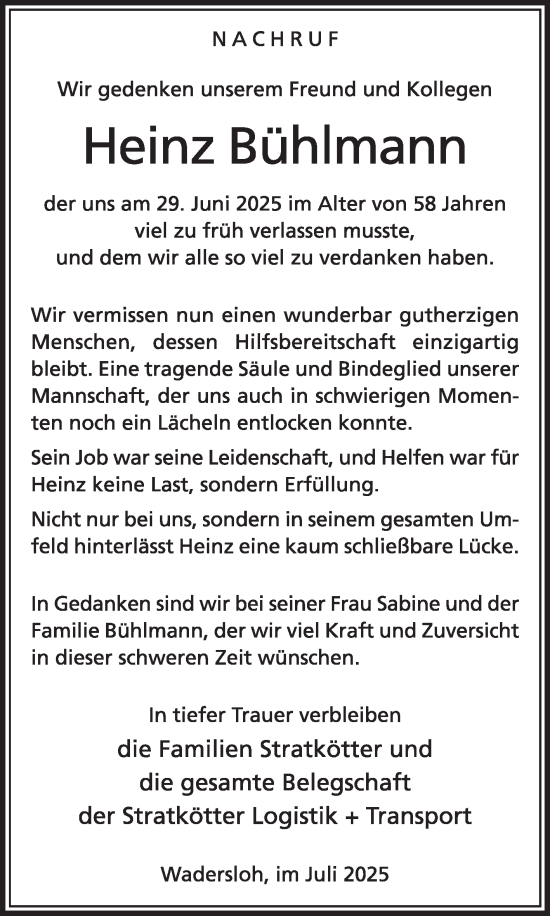 Traueranzeige von Heinz Bühlmann von Die Glocke