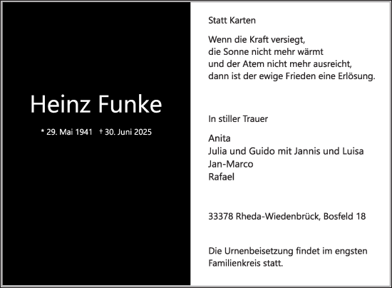 Traueranzeige von Heinz Funke von Die Glocke