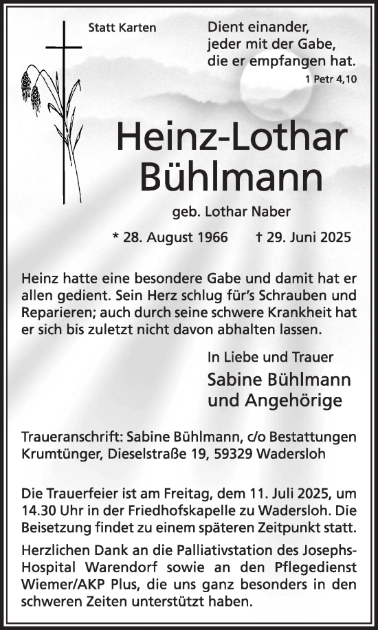 Traueranzeige von Heinz-Lothar Bühlmann von Die Glocke