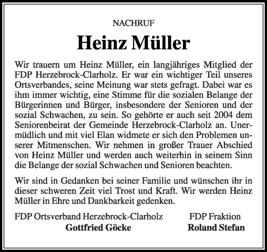 Traueranzeige von Heinz Müller von Die Glocke