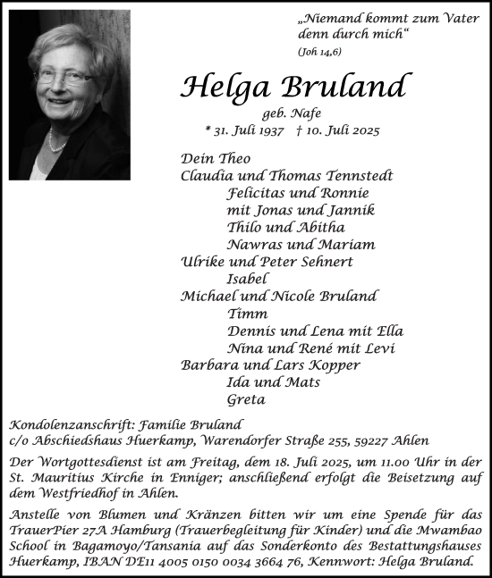 Traueranzeige von Helga Bruland von Die Glocke