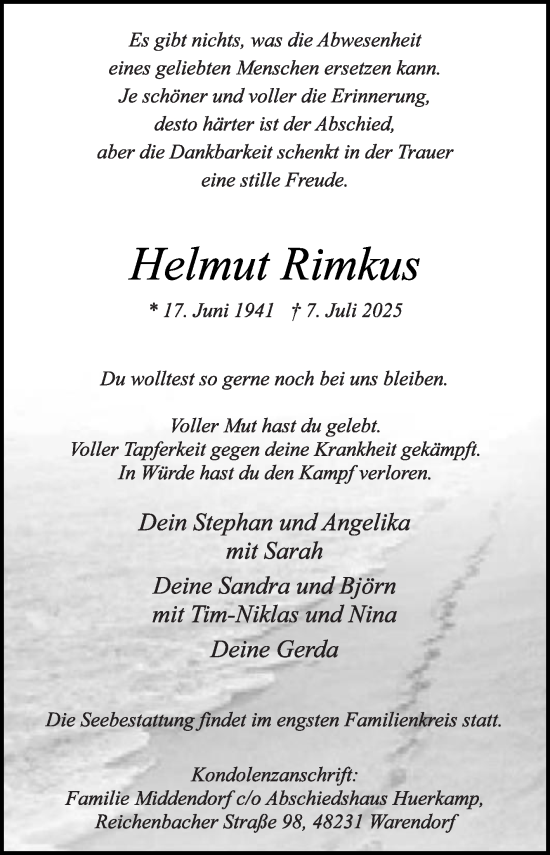 Traueranzeige von Helmut Rimkus von Die Glocke