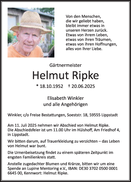 Traueranzeige von Helmut Ripke von Die Glocke