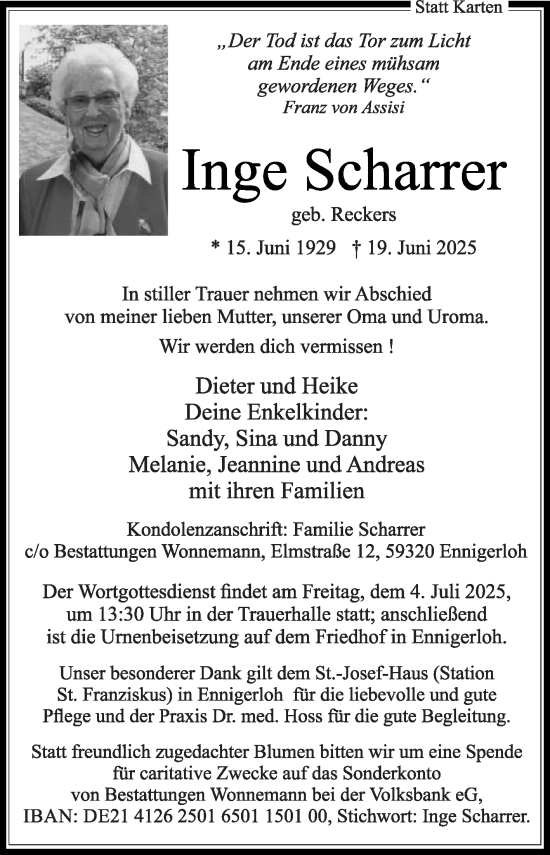 Traueranzeige von Inge Scharrer von Die Glocke