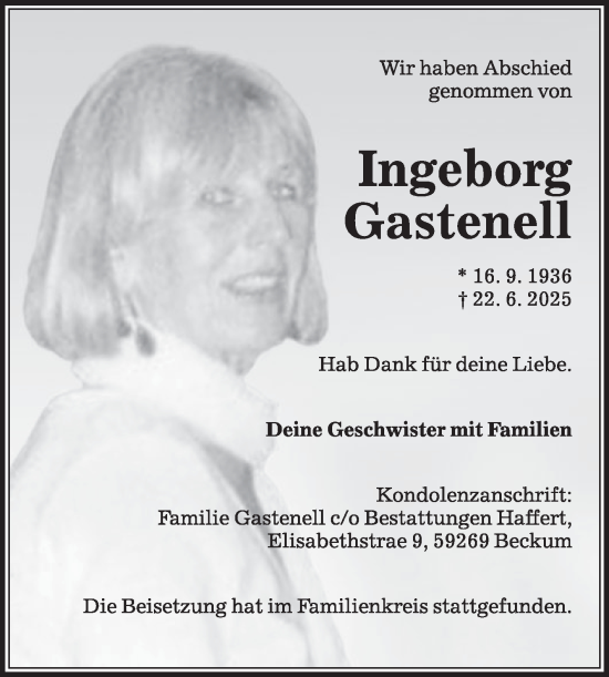Traueranzeige von Ingeborg Gastenell von Die Glocke