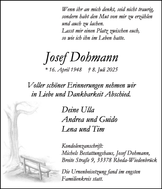 Traueranzeige von Josef Dohmann von Die Glocke
