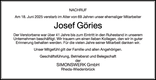 Traueranzeige von Josef Göries von Die Glocke