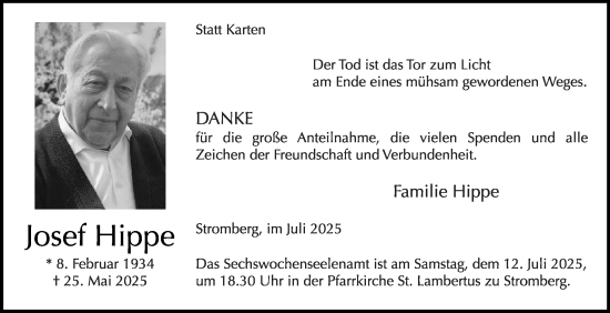 Traueranzeige von Josef Hippe von Die Glocke
