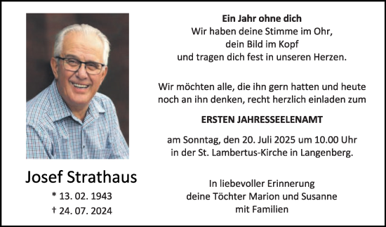 Traueranzeige von Josef Strathaus von Die Glocke