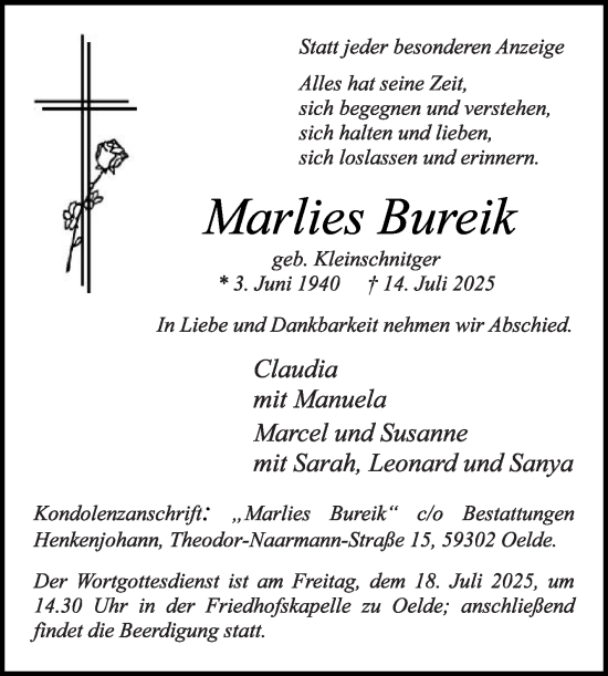 Traueranzeige von Marlies Bureik von Die Glocke