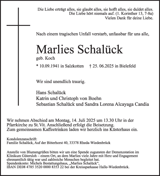 Traueranzeige von Marlies Schalück von Die Glocke