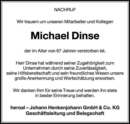 Traueranzeige von Michael Dinse von Die Glocke