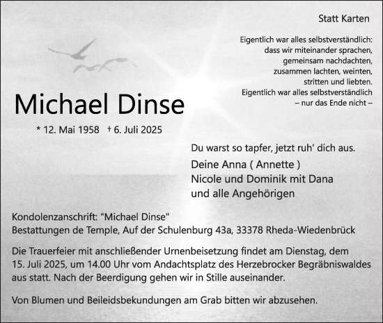 Traueranzeige von Michael Dinse von Die Glocke