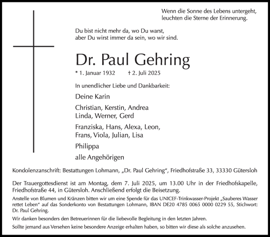 Traueranzeige von Paul Gehring von Die Glocke