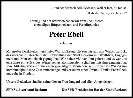 Traueranzeige von Peter Ebell von Die Glocke