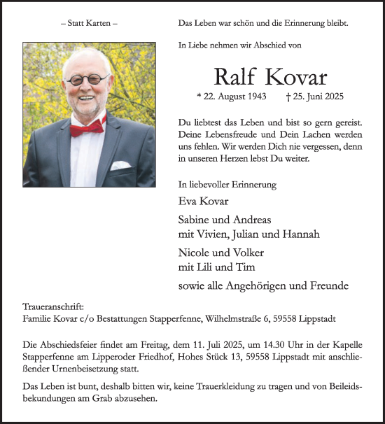 Traueranzeige von Ralf Kovar von Die Glocke