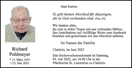 Traueranzeige von Richard Pohlmeyer von Die Glocke