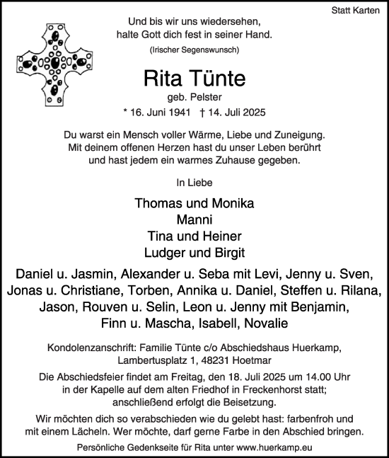 Traueranzeige von Rita Tünte von Die Glocke