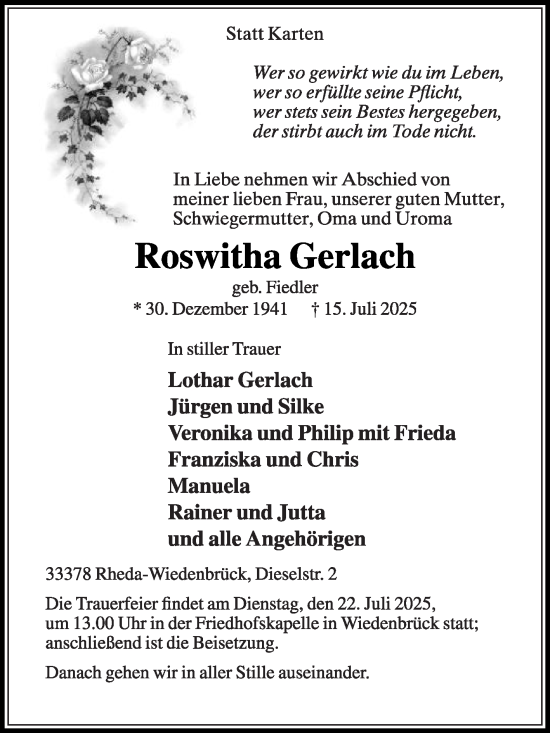 Traueranzeige von Roswitha Gerlach von Die Glocke