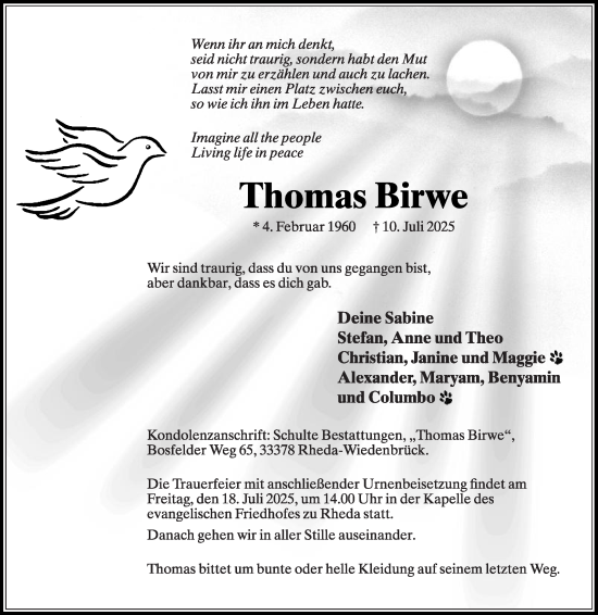 Traueranzeige von Thomas Birwe von Die Glocke
