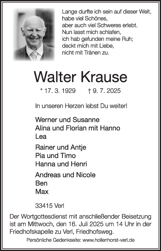 Traueranzeige von Walter Krause von Die Glocke