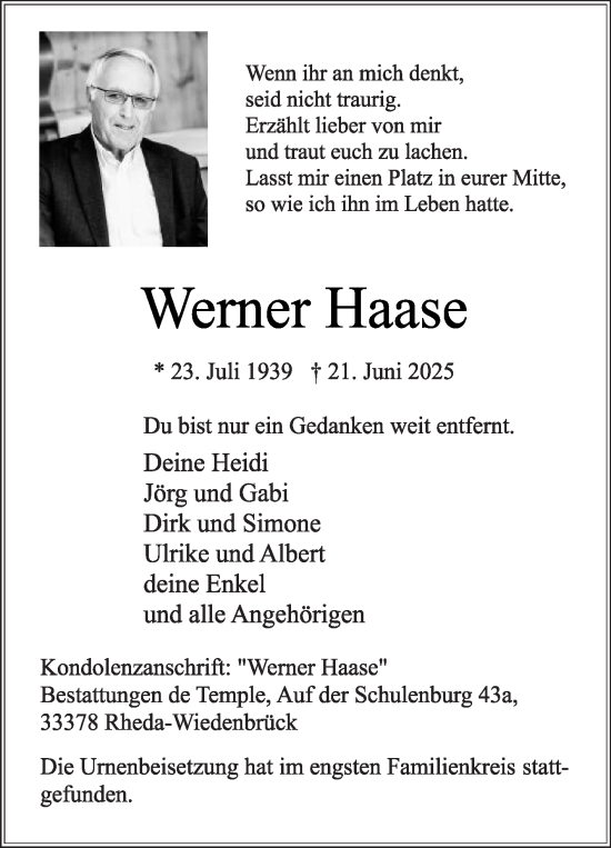 Traueranzeige von Werner Haase von Die Glocke