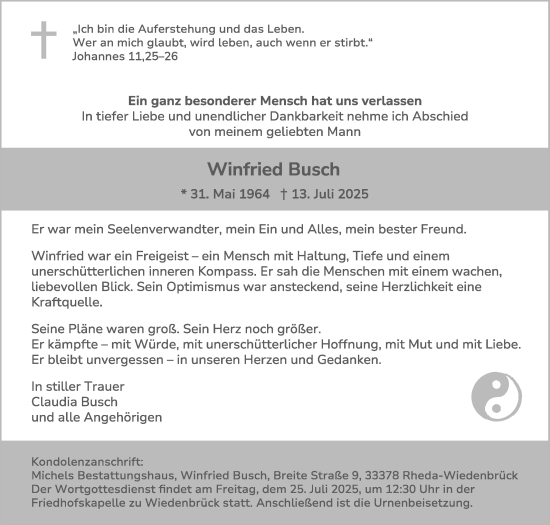 Traueranzeige von Winfried Busch von Die Glocke