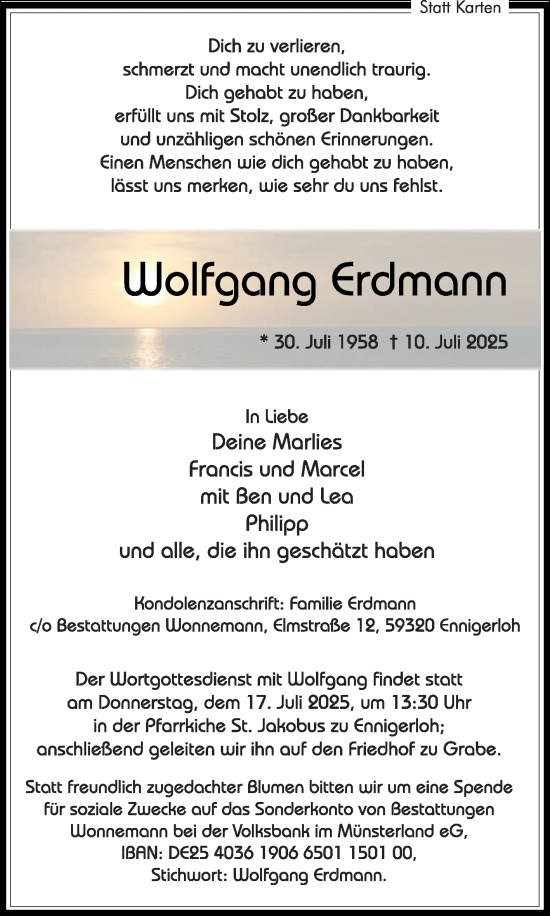 Traueranzeige von Wolfgang Erdmann von Die Glocke