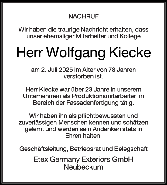 Traueranzeige von Wolfgang Kiecke von Die Glocke