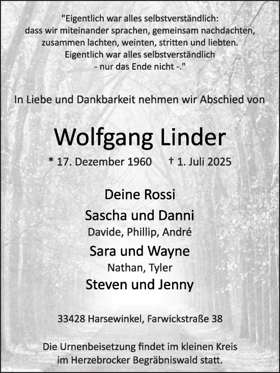 Traueranzeige von Wolfgang Linder von Die Glocke