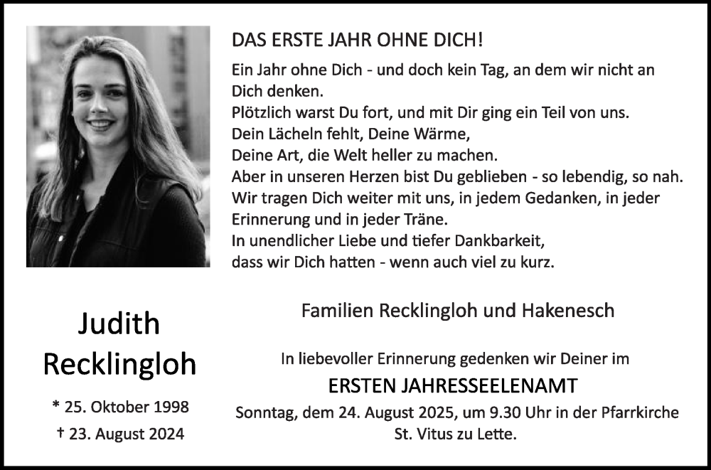  Traueranzeige für Judith Recklingloh vom 16.08.2025 aus Die Glocke